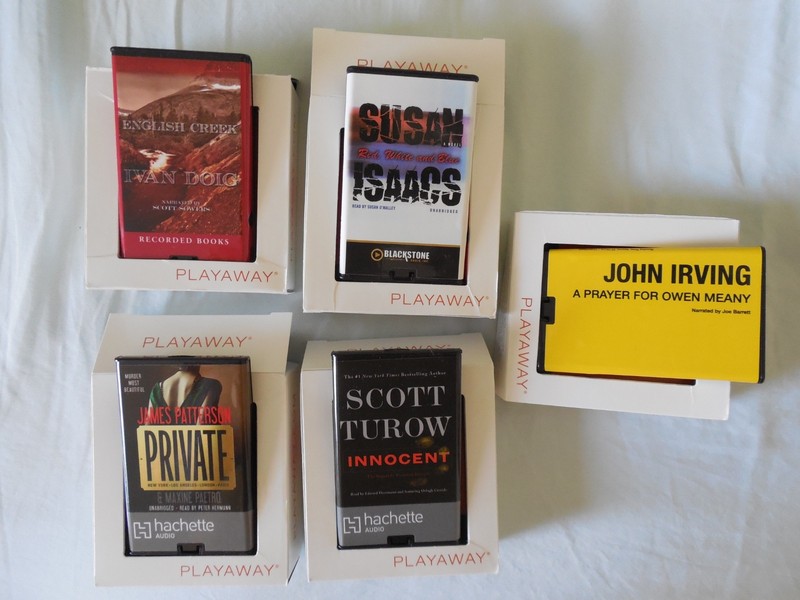 Lot of 5 PLAYAWAY novels by S. Turow, J. Irving, J. Patterson, S.Isaacs, I. Doig