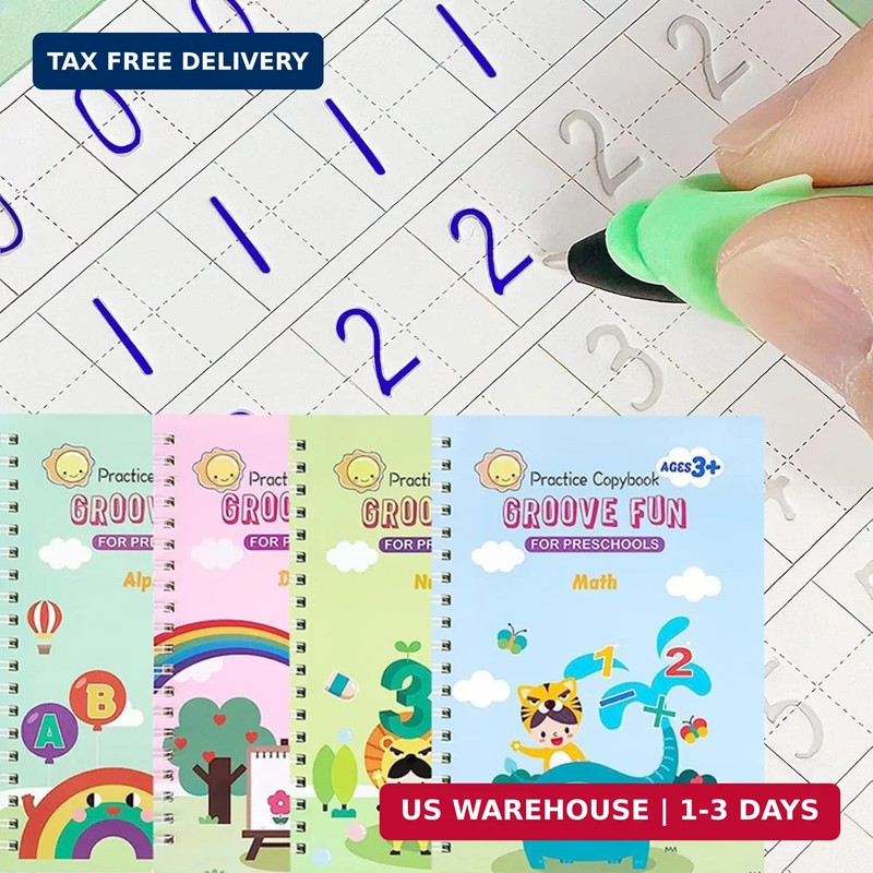 4 in 1 Reusable Grooved Writing Practice Books, Magic Ink Auto-Erase Handwriting