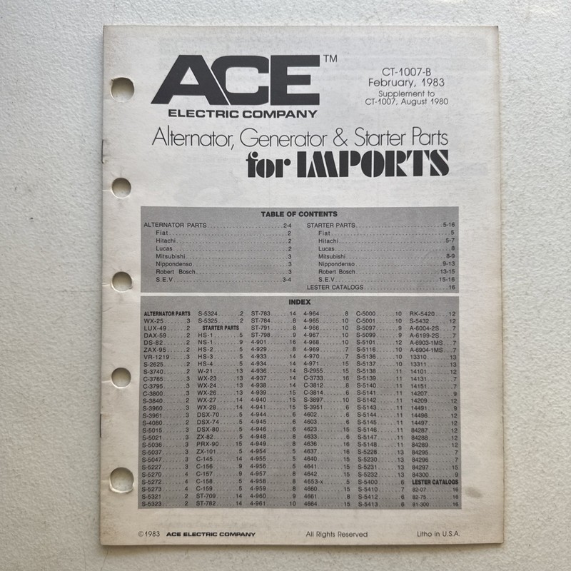 ACE Electric Company 1983 Alternator Generator Imports Catalog CT-1007-B