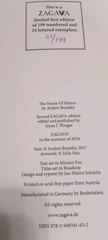 Avalon Brantley The House Of Silence Zagava Press Numbered Edition #061 1-199... gallery
