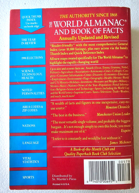 THE WORLD ALMANAC AND BOOK OF FACTS 1991 PAPERBACK MINT 960 PAGES RARE VINTAGE gallery