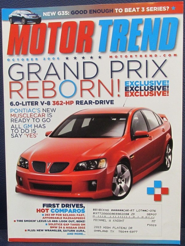 Motor Trend Magazine Oct 2006 Pontiac Grand Prix Infiniti G35 Lexus LS460