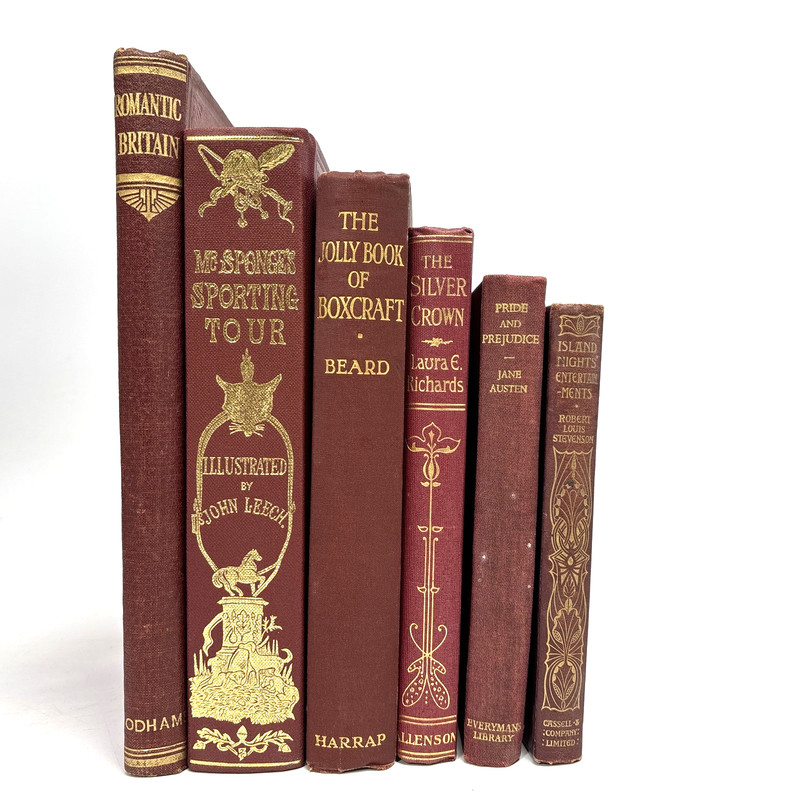 Collection of Old Dark Red Books for Decoration. 23cm shelf space.