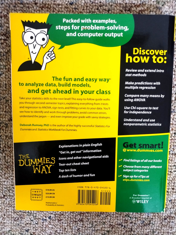 INTERMEDIATE STATISTICS FOR DUMMIES BY DEBORAH RUMSEY, PhD PAPERBACK gallery