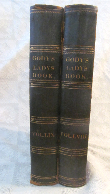 c1859 GODEYS LADYS BOOKS~2 Volumes Full Year~Antique Hand Tinted Fashion Prints