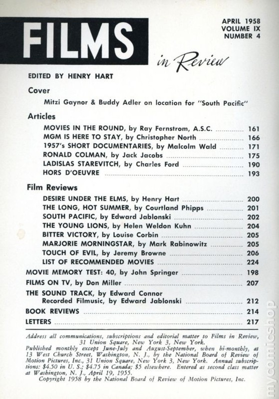 Films in Review Vol. 9 #4 VF+ 8.5 1958 gallery