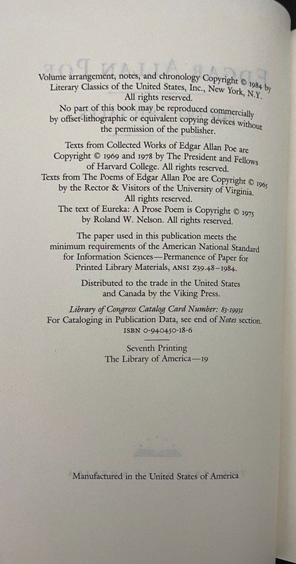Edgar Allan Poe: Poetry and Tales (LOA #19) (1984, Hardcover, Slip Case) 7th Pri gallery