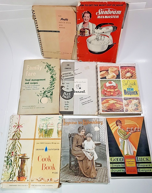 Lot 8 Vintage Cookbooks Manuals Recipes 1920’s-1960’s Embroidery Sunbeam Servel
