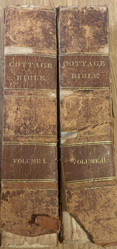 1842 Cottage Bible 2 Volumes, leather covers, 1440 pages, acceptable condition