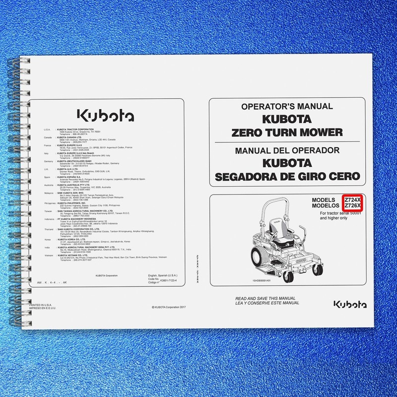 KUBOTA Z724X Z726X Zero Turn Operators Manual, BIND – FRONT & BACK – XL FOLDOUTS