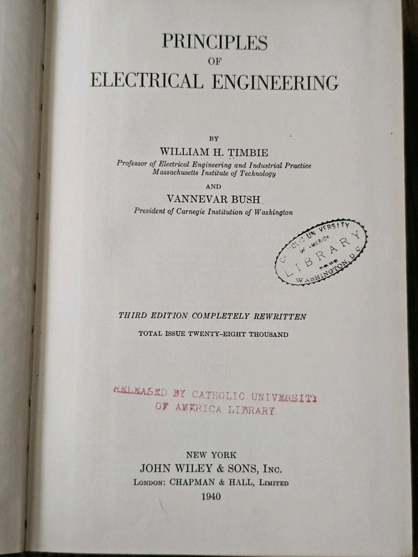 Principles Of Electrical Engineering by Timble & Bush HC 1940 John Wiley & Sons gallery