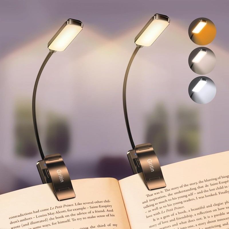 Rechargeable Clip-On Book Light 2-Pack, 3 Color Modes, Eye-Friendly LEDs