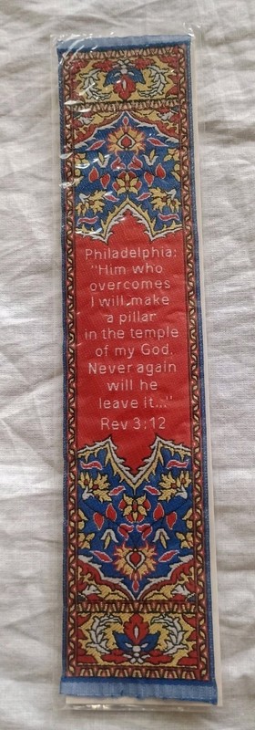 Woven Fabric Christian Tapestry Bookmark REV 3:12 Pillar In Temple Of God 9″x2″