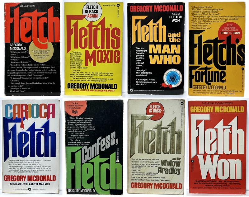 FLETCH Lot of 8 by Gregory McDonald Vintage mm paperback MOXIE, CARIOCA, MAN WHO