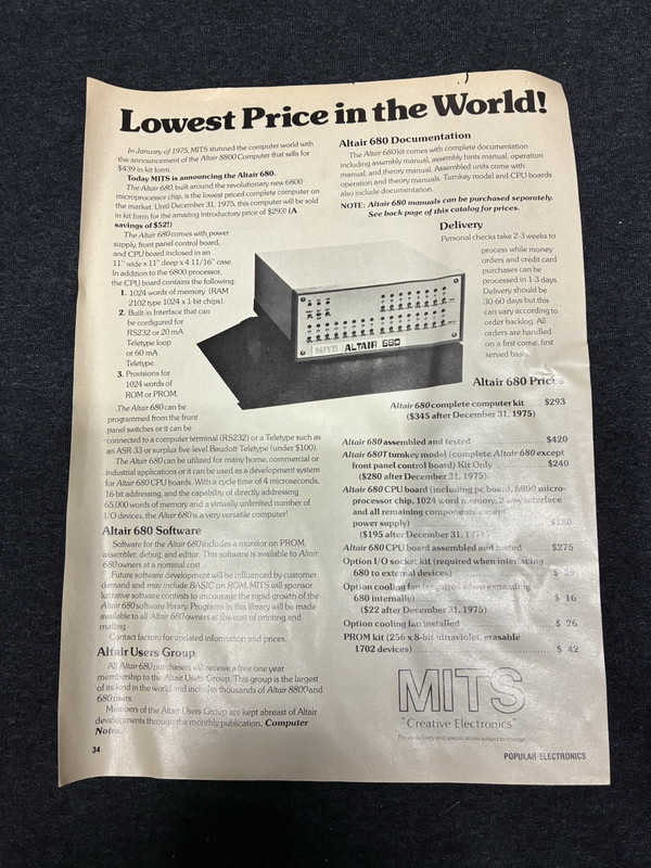 Dec 1975 POPULAR ELECTRONICS MAGAZINE MITS ALTAIR COMPUTER 8800 680 Pg 33 / 34 gallery
