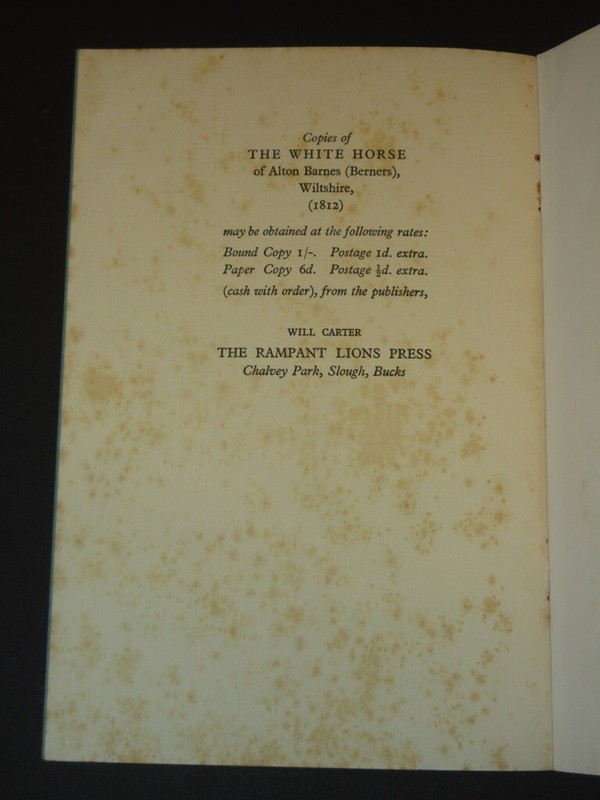 RAMPANT LIONS PRESS White Horse of Alton Barnes 1934 1st Edition WILL CARTER gallery