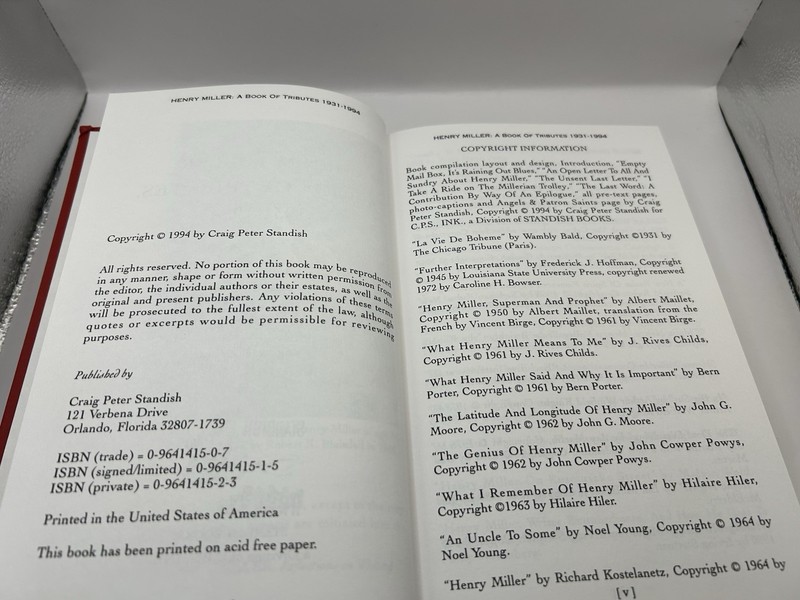 HENRY MILLER: A BOOK OF TRIBUTES, 1931-1994, Craig Standish, Limited Series gallery