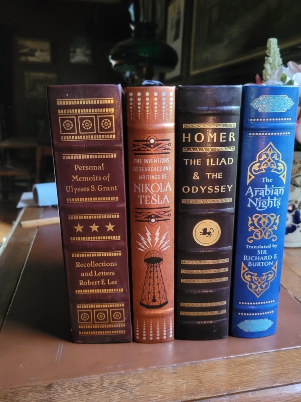 4 Leather Bound Vintage Books: Ulysses S. Grant, Nikola Tesla, Homer, Arabian Nt