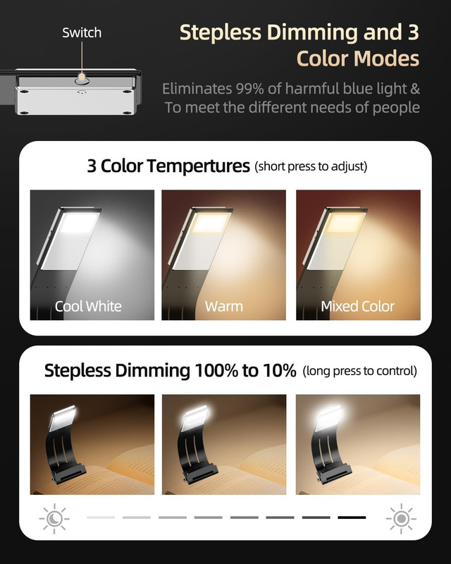 Clip-On Bookmark Book Light with 8 LEDs, 3 Color Temperatures, Dimmable gallery