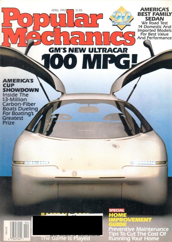 Popular Mechanics Single Issue. April 1992. GM’s new Ultracar 100 MPG.