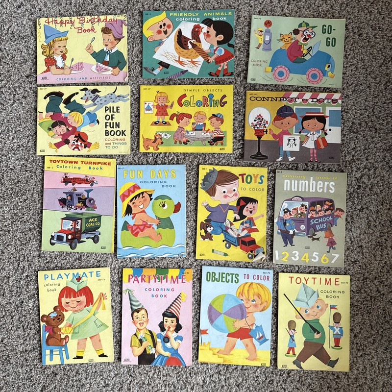 Vintage Coloring Book Lot of 14 Lowe 1950s Unused Coloring Books, 5-1/2 x 7-1/4”
