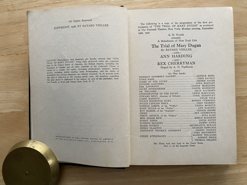 Trial of Mary Dugan Bayard Veiller SIGNED 1928 HC No DJ Samuel French, Ltd. gallery
