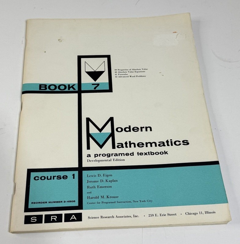 Vintage Modern Mathematics A Programed Textbook Book 7 Unused Course 1 SRA 1962