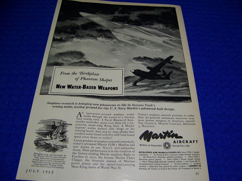 1952 MARTIN P5M-1 MARLIN «NEW WATER BASED..».1-PAGE ORIGINAL SALES AD (246GG)