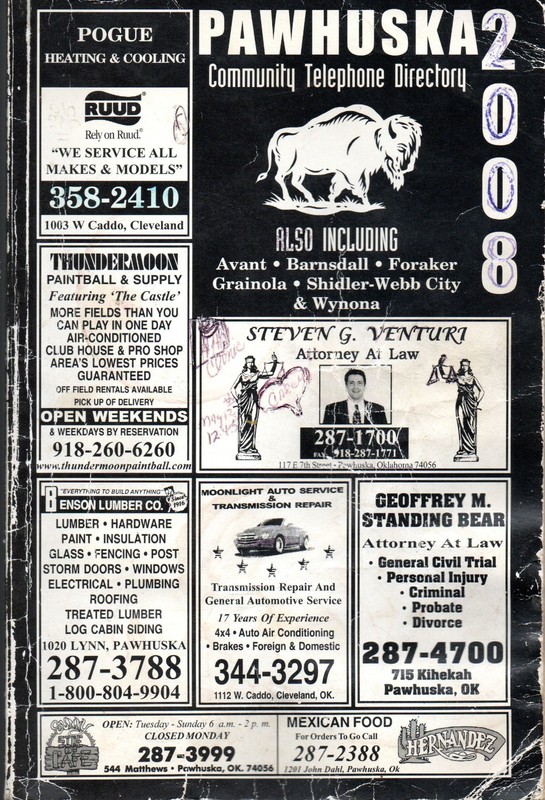 Pawhuska Oklahoma 2007-2008 Community Telephone Directory Phone Book 136 Pages