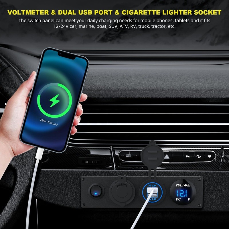 4 in 1 12V USB Panel+LED Voltmete &Dual USB Socket & Lighter Socket &9361 gallery