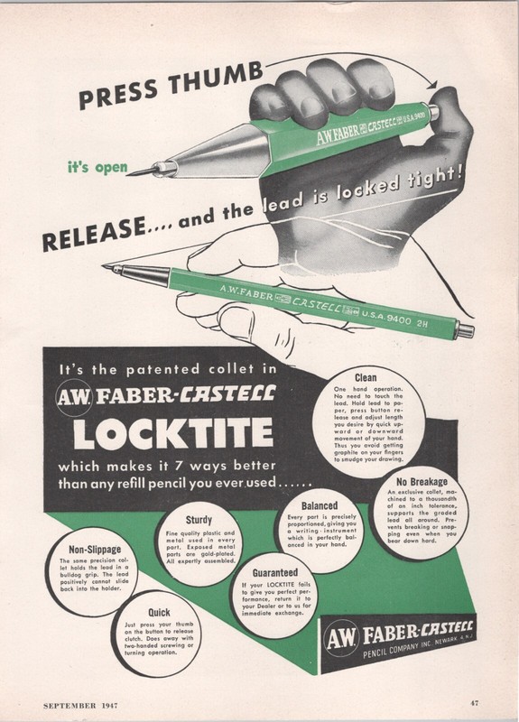 1947 Ad * AW Faber Castell Locktite Mechanical Pencil Refill Pencil