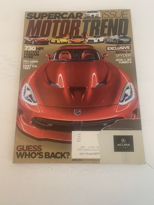 MotorTrend Magazine June 2012 Ripped Cover 162 Pages Dodge Viper Vision Board