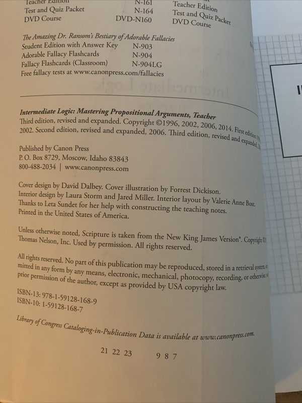 Intermediate Logic: Teacher Edition by Canon Logic Series, Very Good Cond gallery