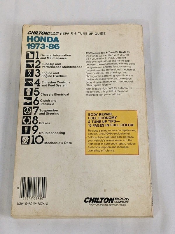 Chilton Book Company Repair Tune-Up Guide Honda 1973-1986 Paperback Part # 6980 gallery
