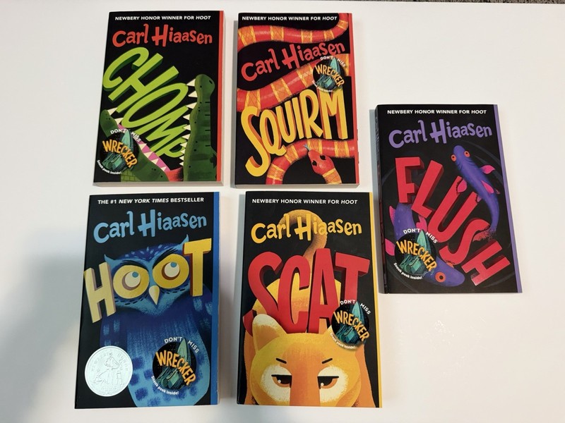 Carl Hiaasen 5 Book Lot Young Readers, Hoot, Flush, Scat, Chomp, & Squirm gallery