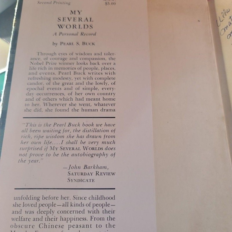 My Several Worlds: A Personal Record Pearl S. Buck John Day Hardcover DJ gallery