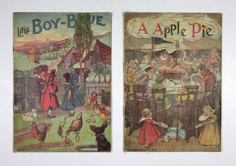 Antique c1910 Pair McLoughlin LITTLE BOY BLUE & APPLE PIE Linen Nursery Rhymes