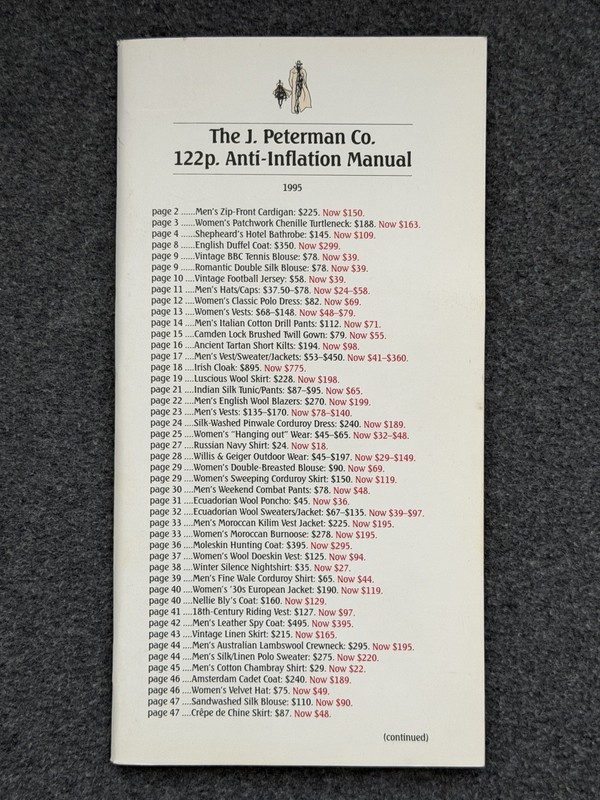 Vintage 1995 J. Peterman Co 122p. Anti-Inflation Manual Clothing Fashion Catalog