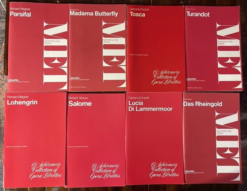 MET & G. SCHIRMER COLLECTION OF OPERA LIBRETTOS, LOT OF 8, Parsifal,Tosca,Madama