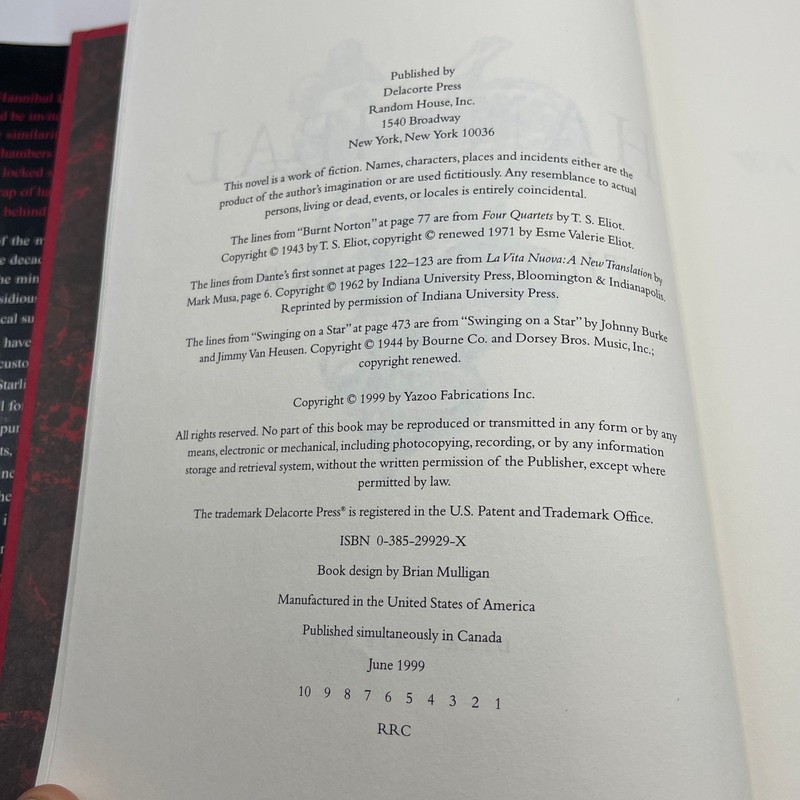 Hannibal Thomas Harris First Edition Hardcover 1999 Delacorte Press Dr Lecter gallery