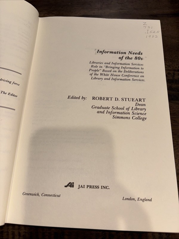 Information Needs Of The 80s Edited By Robert D. Stueart 1982 Hardcover Vol. 15 gallery