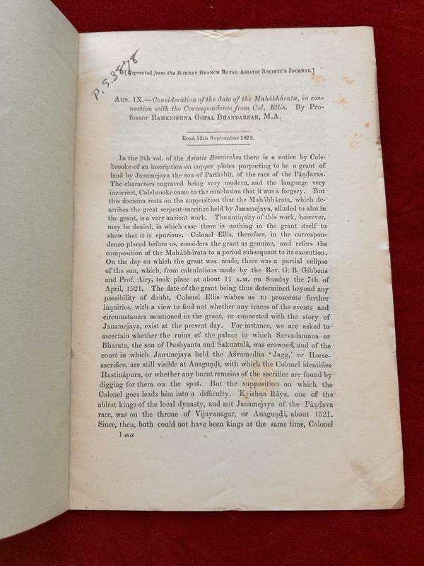 Rare Pamphlet 1872 Bhandarkar Date of Mahabharata Date Indology Royal Asiatic