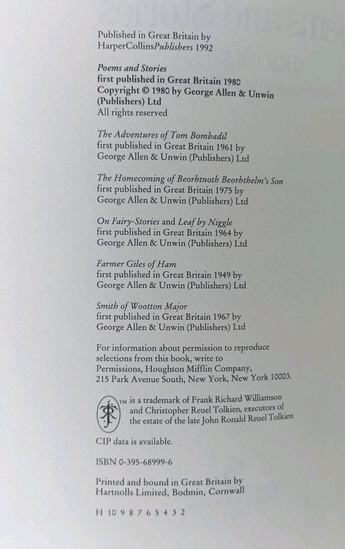 Poems and Stories by J. R. R. Tolkien 1992 1st Ed/2nd Print HC DJ Very Good gallery