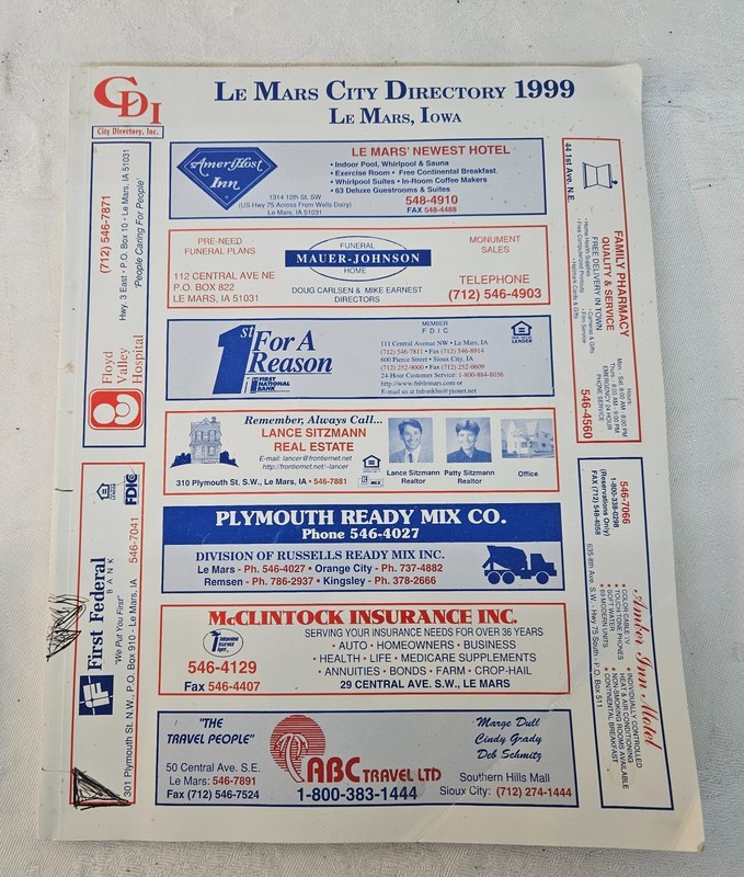 1999 LeMars Iowa City Directory Phonebook Paperback Book