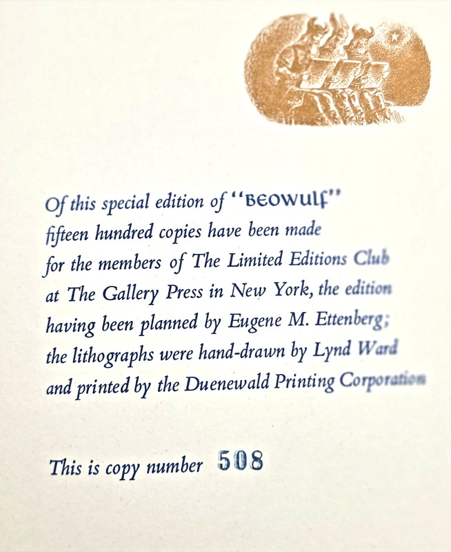 BEOWULF 1952 Limited #508/1500 First Edition Book Club Illustrated by Lynd Ward gallery