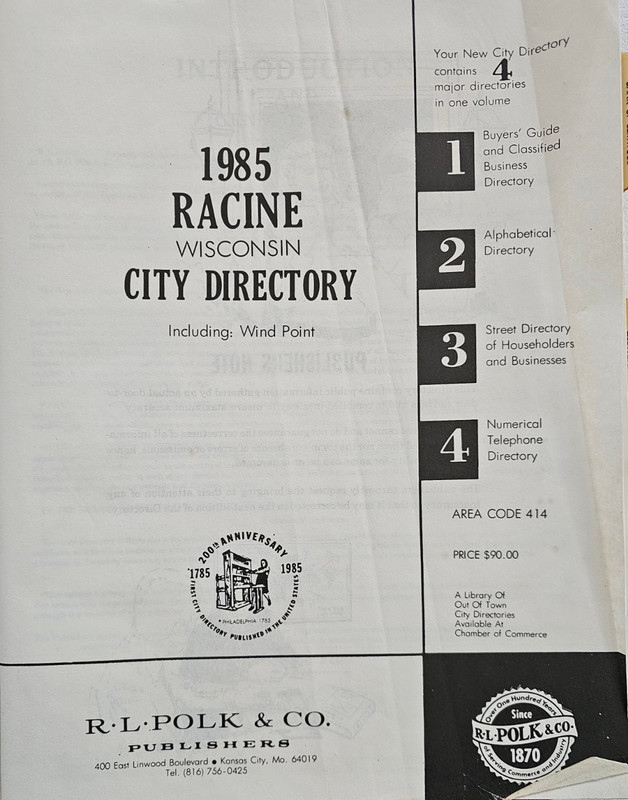Vtg 1985 RACINE WISCONSIN CITY DIRECTORY RL Polk WIND POINT Reference GENEALOGY