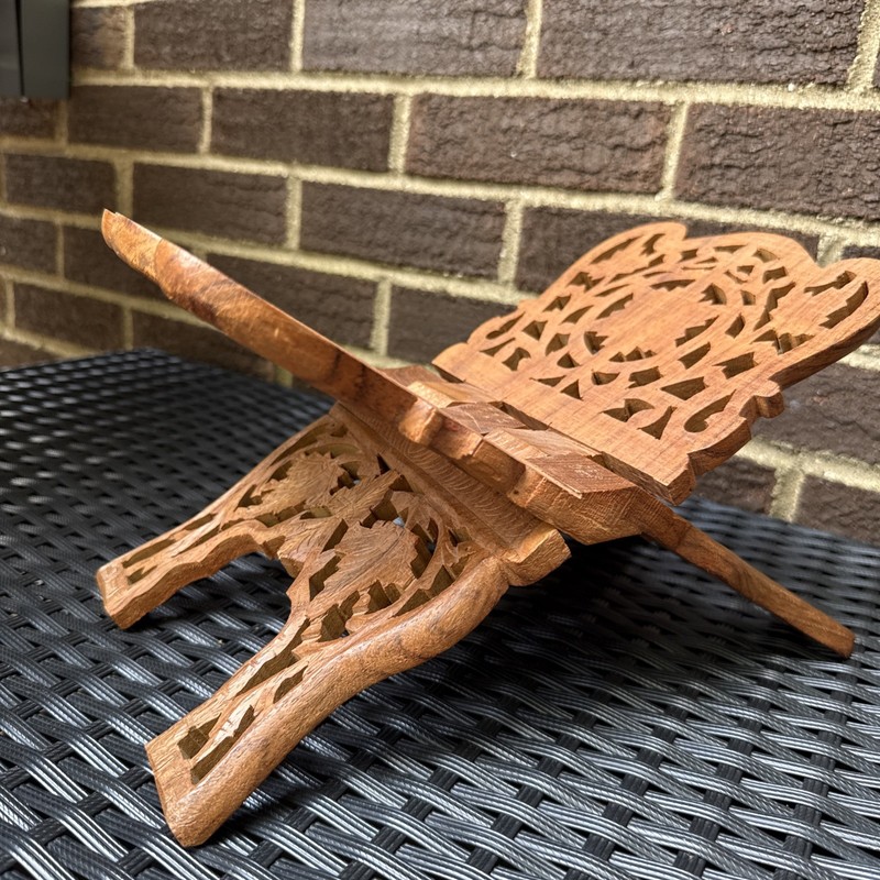 Vintage Hand Carved Wood Folding Bible/Book Display Holder Wooden Stand EUC