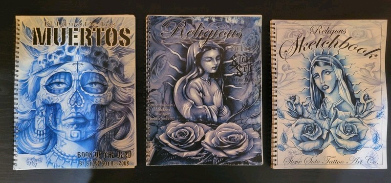 3 RELIGIOUS/MUERTOS SPIRAL BOUND TATTOO SKETCHBOOKS by: STEVE SOTO, 2008-9