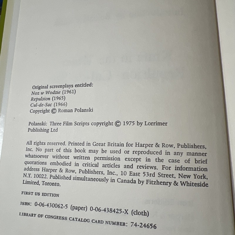 Roman Polanski - Three Film Scripts - Repulsion Cul de Sac - 1st US Edition 1975 gallery