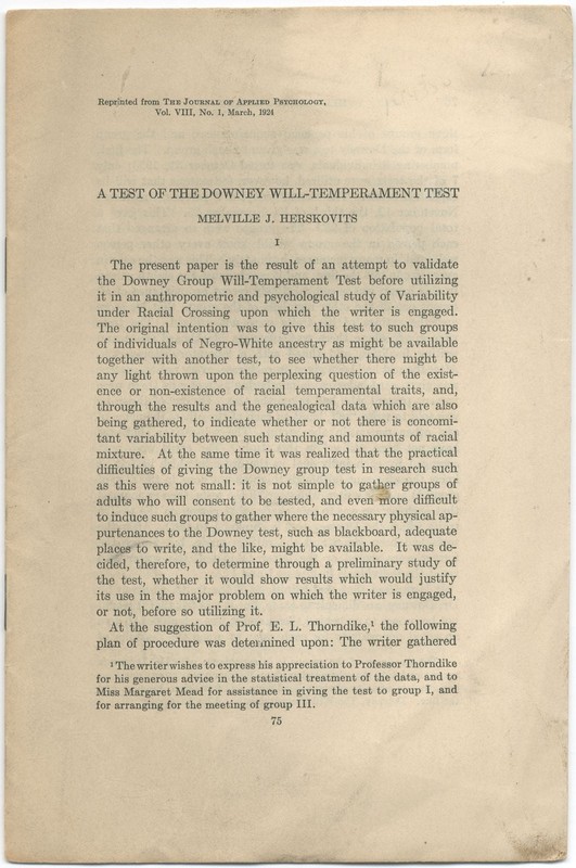 Melville J HERSKOVITS / A Test of the Downey Will-Temperament Test 1st ed 1924